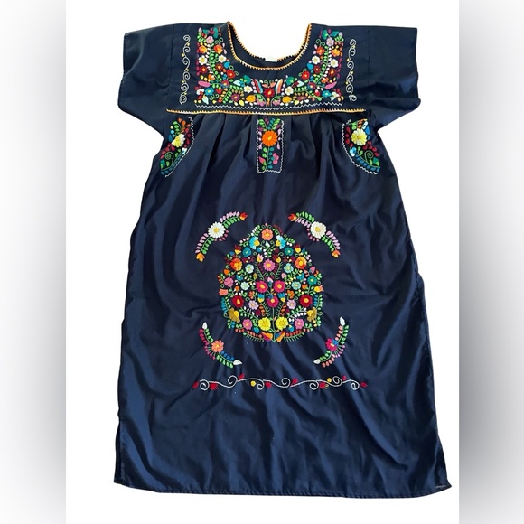 Mexican Wedding Dress NEW Navy Blue Embroidered XL Multicolor Midi - Picture 1 of 9